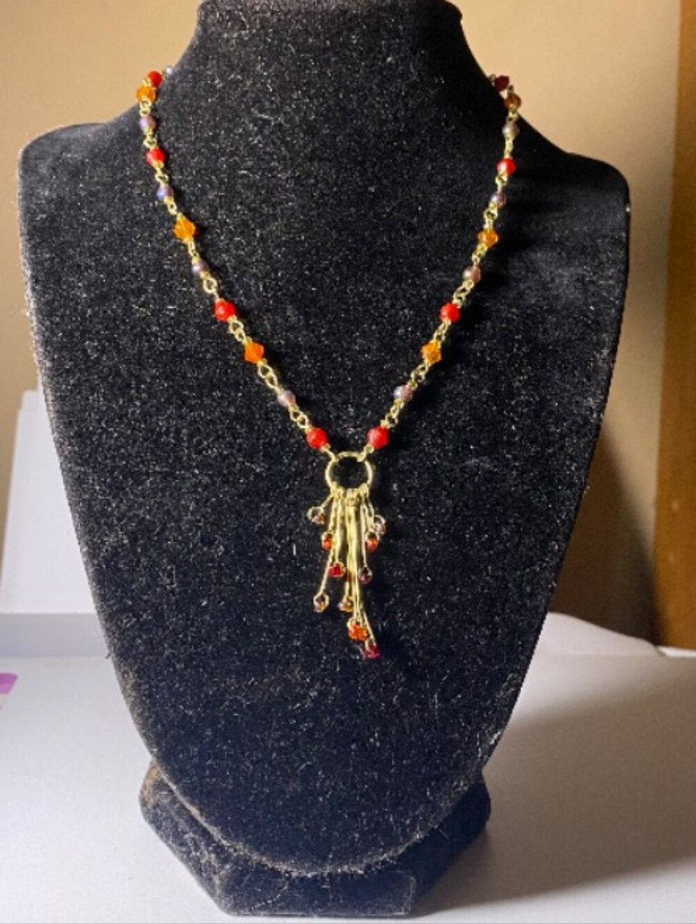 NWT Gold-tone Boho Red & Orange Beaded Tassel Necklace Made In India